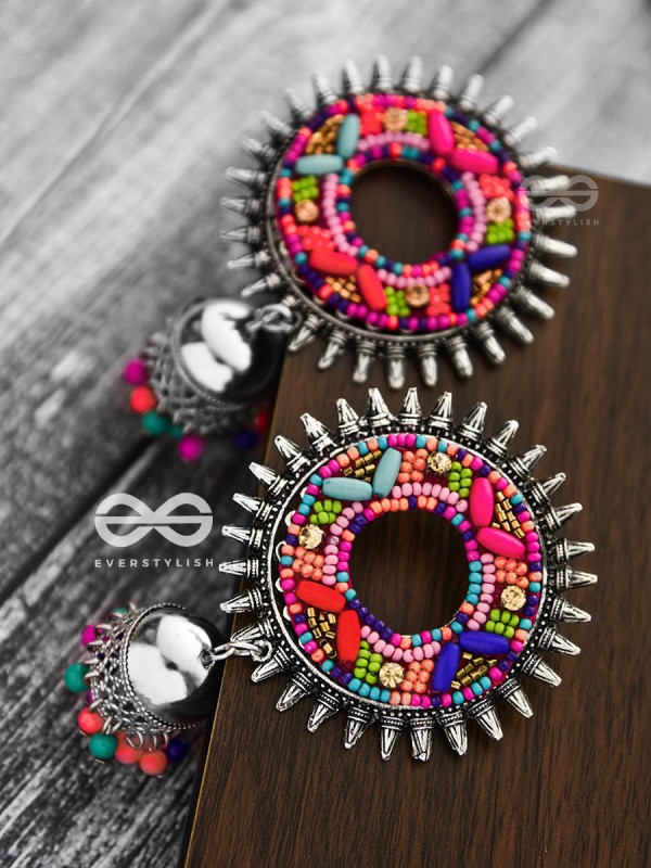 The Rounded Beaded Artwork Jhumkis - The Embroidered Oxidised Collection