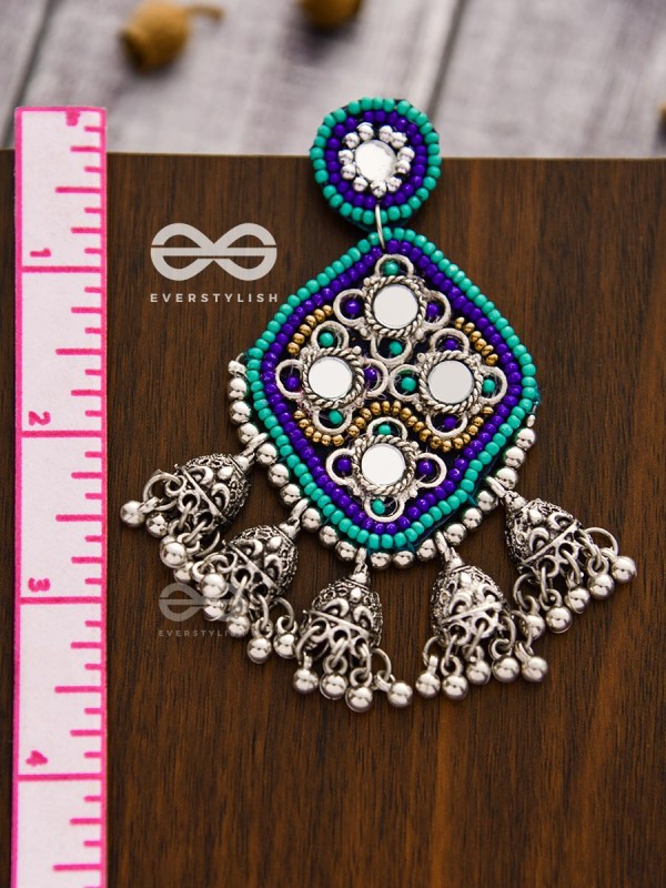 An Intricate Mirror Work Multi Jhumki Embroidered Earrings (Blue)