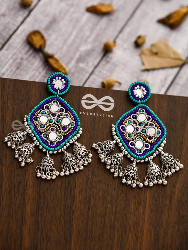 An Intricate Mirror Work Multi Jhumki Embroidered Earrings (Blue)