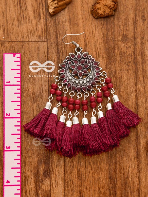 The Enamelled Artwork Tassels (Burgundy) - Oxidised Boho Earrings