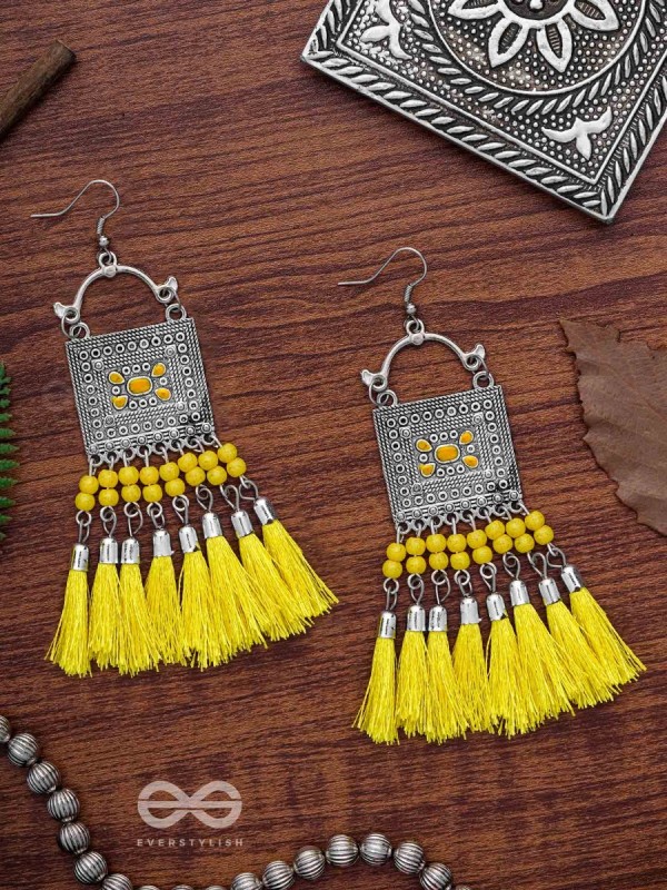 The Enamelled Tassel Squares(Bumblebee) - Oxidised Boho Earrings