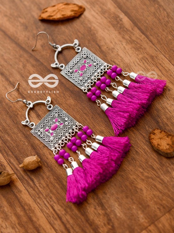 The Enamelled Tassel Squares (Fuchsia) - Oxidised Boho Earrings