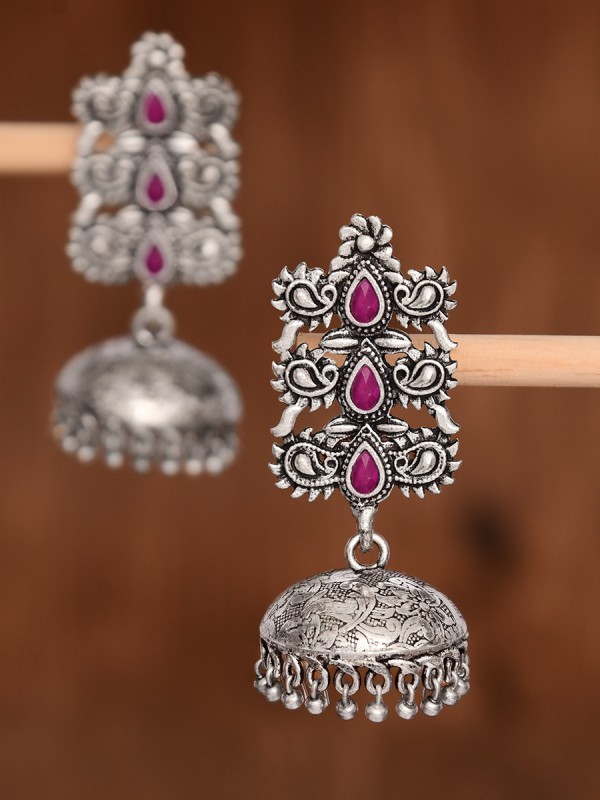 The Intricate Wonders (Ruby Red) - Embellished Oxidised Jhumkas