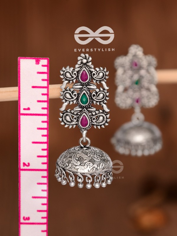 The Intricate Wonders (Ruby Emerald) - Embellished Oxidised Jhumkas