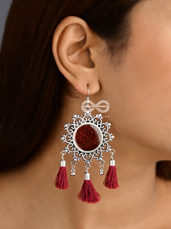 The Enamelled Tasselled Sun (Burgundy) - Oxidised Boho Earrings