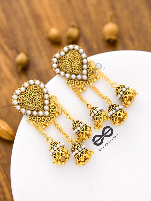 The Boho Pearl Heart Triple Jhumki Earrings (Golden)