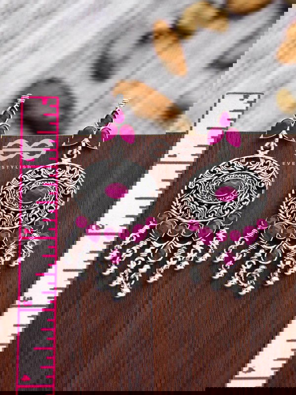 The Playful Elegance - Embellished Oxidised Earrings (Ruby Red)