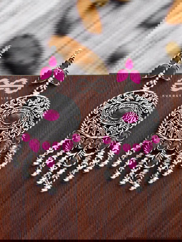 The Playful Elegance - Embellished Oxidised Earrings (Ruby Red)