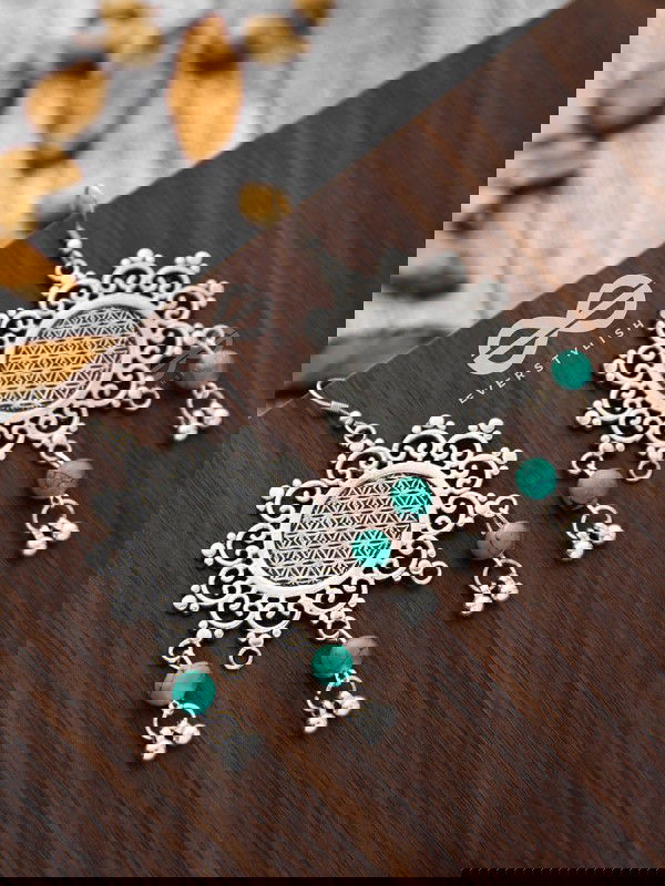 The Turquoise Meshed Sun - Oxidised Boho Earrings