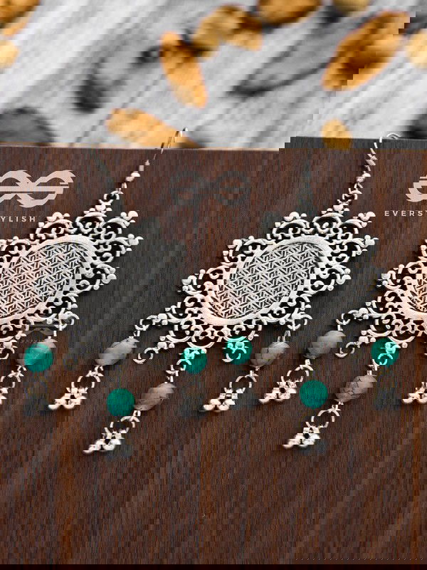 The Turquoise Meshed Sun - Oxidised Boho Earrings