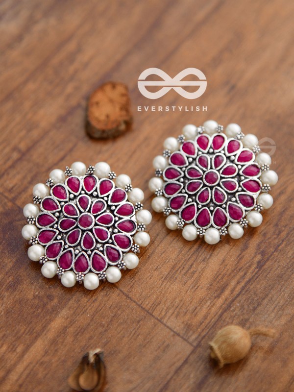 The classy Desire perfect pearl Embellished Statement Studs (Ruby Red)