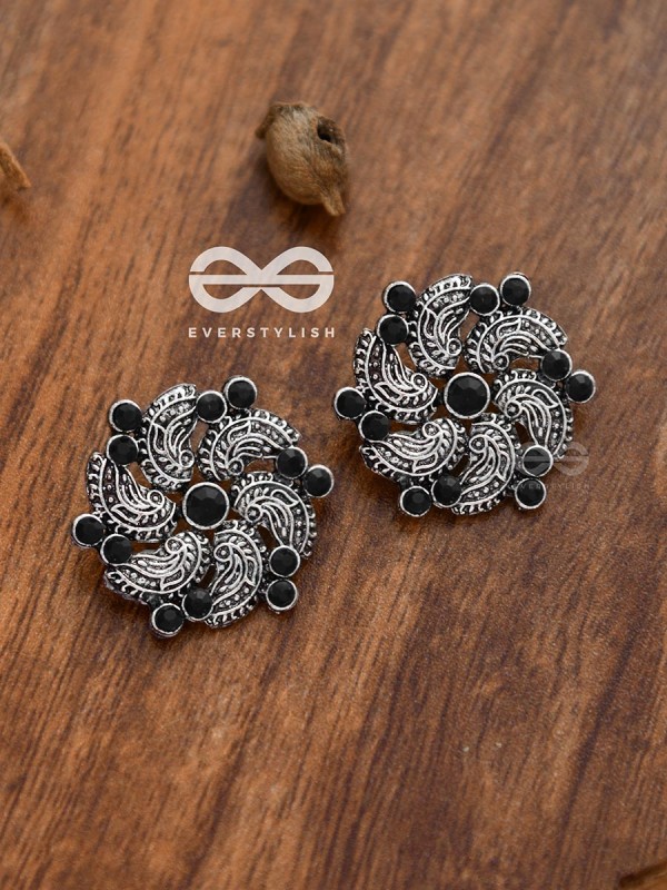The Whimsical Whirlpools - Embellished Oxidised Studs (Onyx Black)