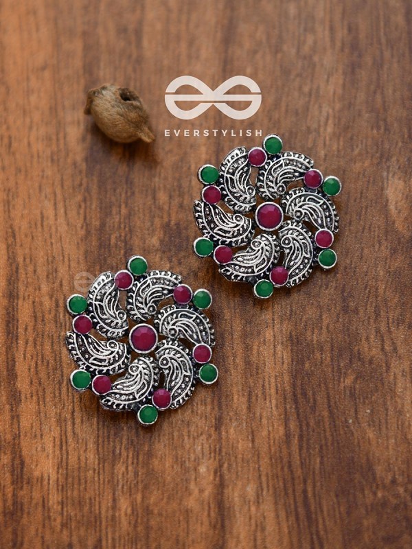 The Whimsical Whirlpools - Embellished Oxidised Studs (Ruby-Emerald)