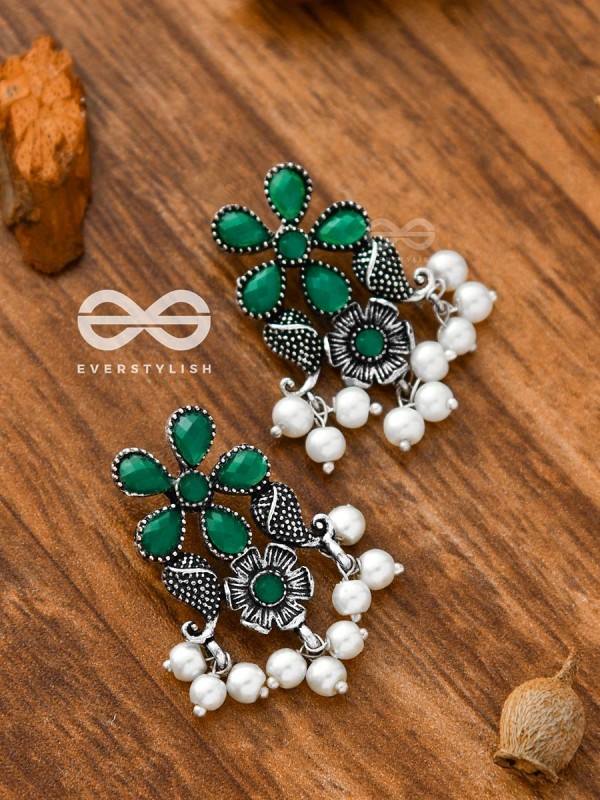'A Floral Fantasy' - Embellished Oxidised Earrings (Emerald Green)