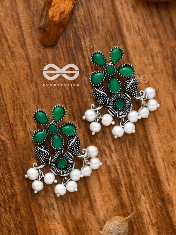 'A Floral Fantasy' - Embellished Oxidised Earrings (Emerald Green)