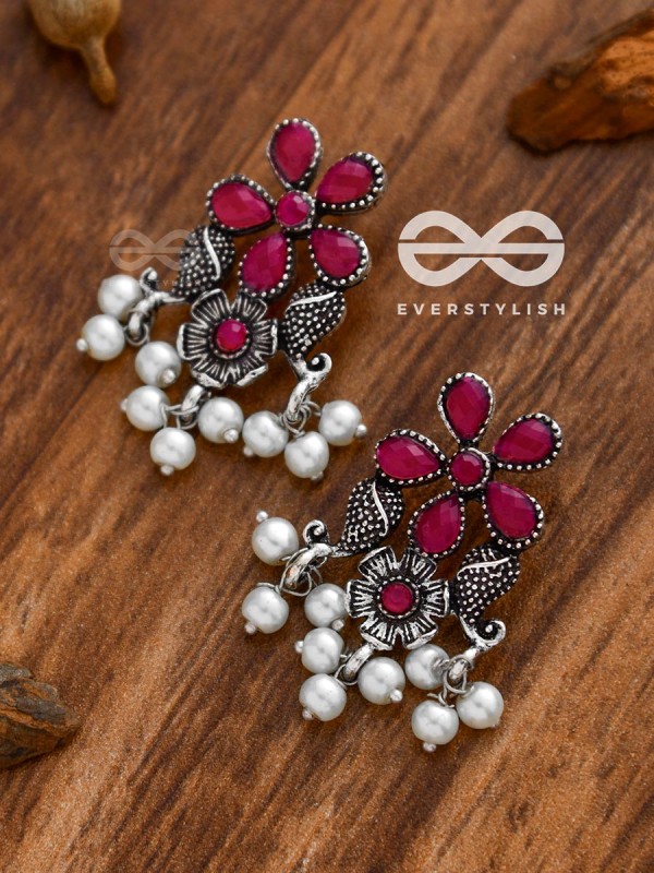 'A Floral Fantasy' - Embellished Oxidised Earrings (Ruby Red)