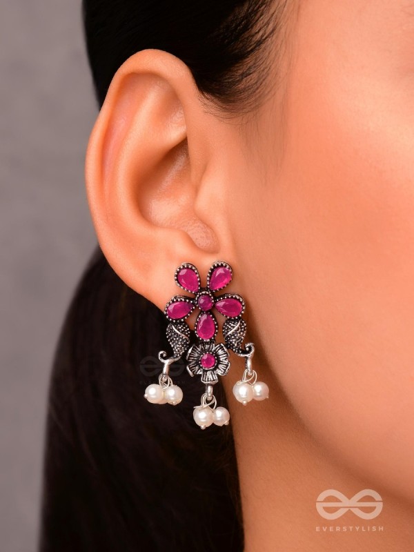 'A Floral Fantasy' - Embellished Oxidised Earrings (Ruby Red)