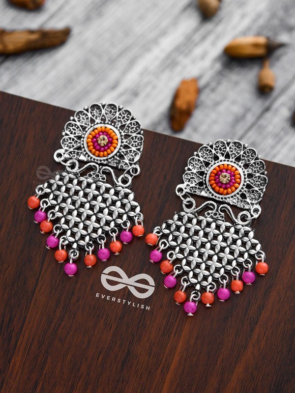 The Criss-Cross Embroidered Sun (Pink) - Embroidered Oxidised Earrings