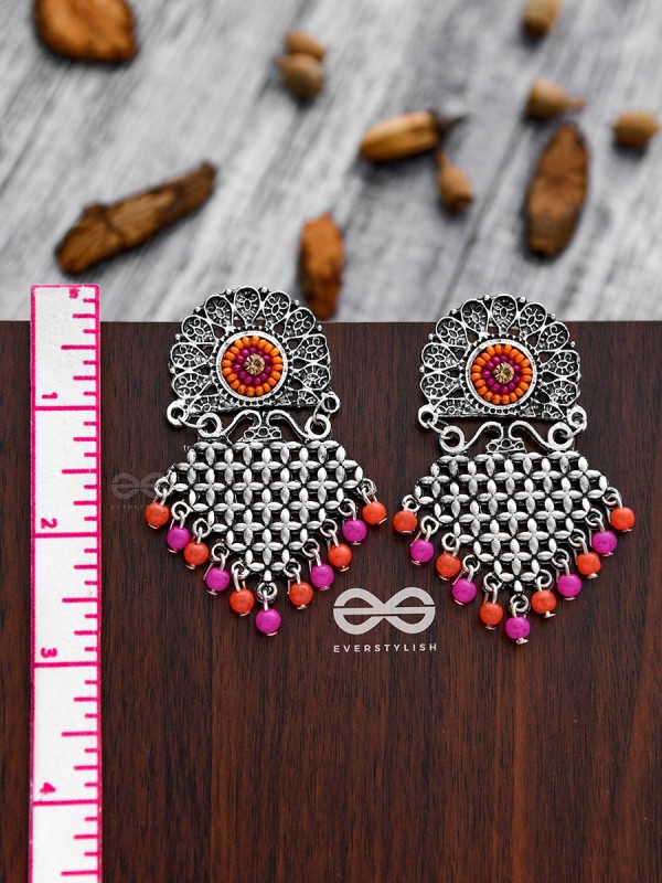 The Criss-Cross Embroidered Sun (Pink) - Embroidered Oxidised Earrings