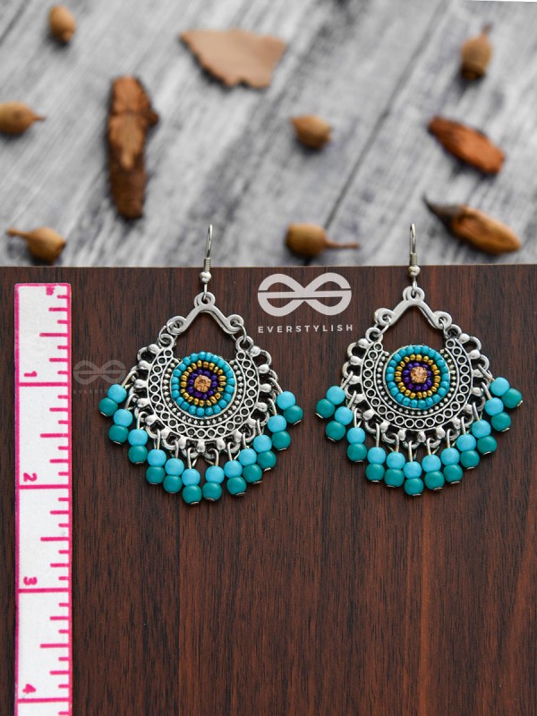 The Splendid Stunners (Teal-Blue) - Embroidered Oxidised Earrings
