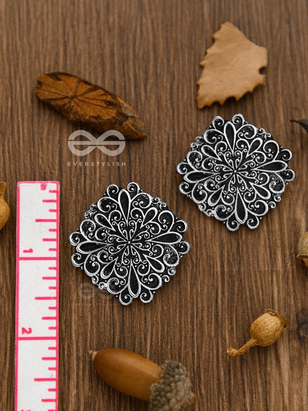 The Mystical Floral Artwork Studs - Oxidised Boho Collection