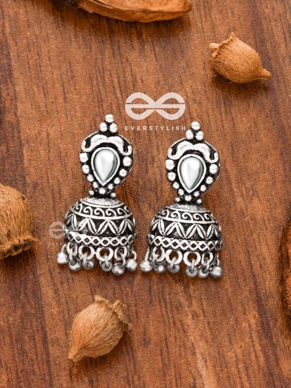 THE LITTLE VINTAGE ARTWORK HALF JHUMKIS (White) - TINY TRINKET EARRINGS