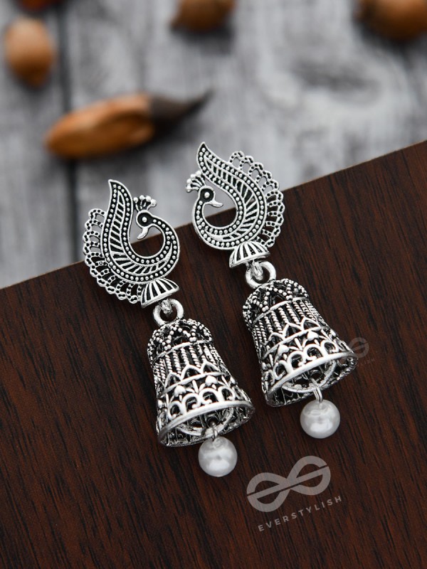 The Mesmerising Peacock Artwork Jhumkis - The Oxidised Boho Collection