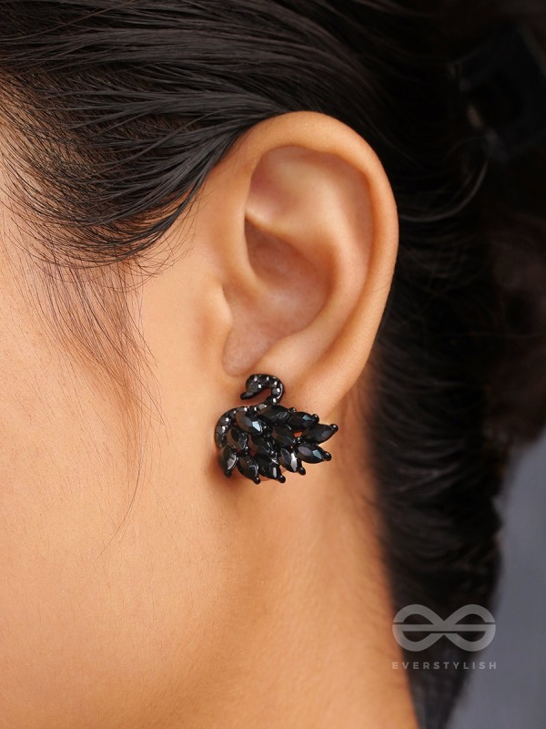 The Crystal Feathered Swans - Statement Embellished Studs - Black