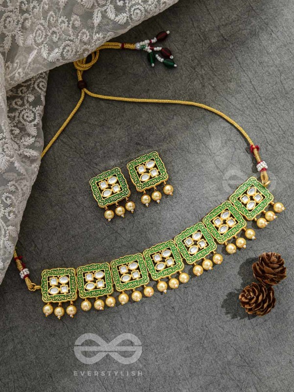 The Windows of Opulence - Set of Statement Choker and Earrings( INDIA GREEN)
