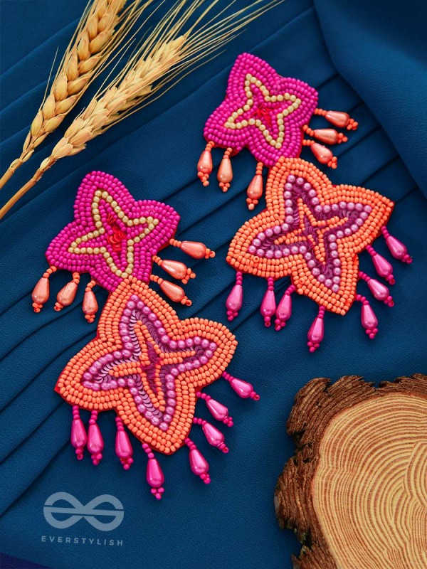 THE ROYAL GLAMOUR - EMBROIDERED PEARL STATEMENT EARRINGS (Rust and Fuchsia)