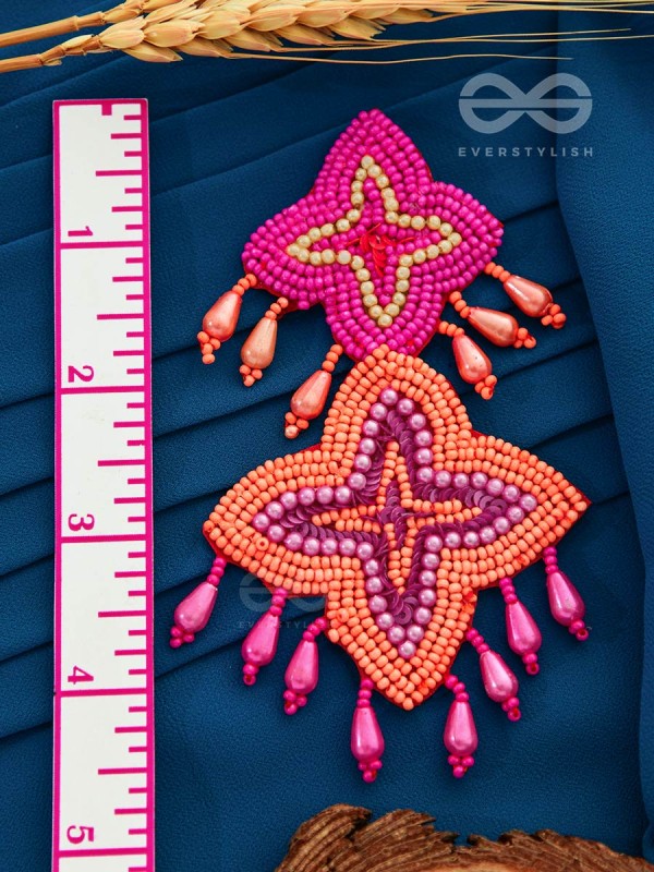 THE ROYAL GLAMOUR - EMBROIDERED PEARL STATEMENT EARRINGS (Rust and Fuchsia)