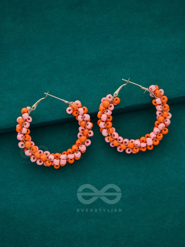 The Beaded Twists - Statement Hoops (Orange-Pink)