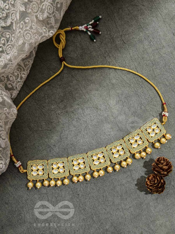 THE WINDOWS OF OPULENCE - SET OF STATEMENT CHOKER AND EARRINGS(Artichoke green)