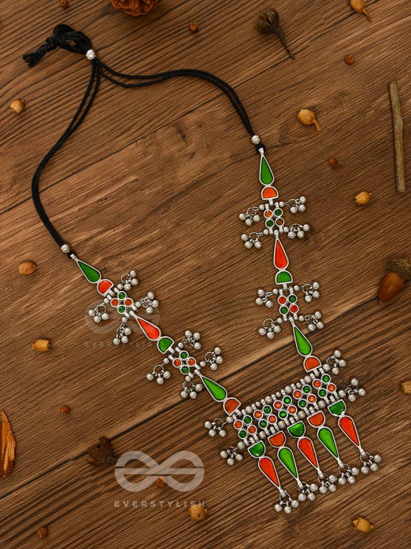 The Bohemian Jaw Droppers - Statement Set of Meenakari Neckpiece and Earrings (Orange-Green)
