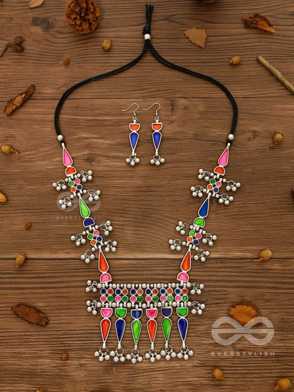 The Bohemian Jaw Droppers - Statement Set of Meenakari Neckpiece and Earrings (Multicolor)