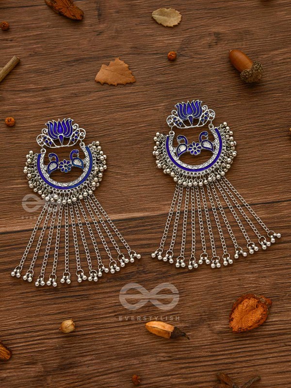 The Dangling Blooming Lotus - Statement Meenakari Earrings (Royal Blue)