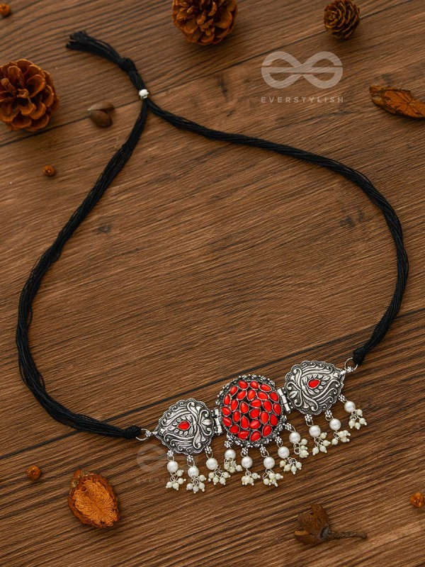 The Intricate Epitome - Embellished Oxidised Set of Choker and Earrings (Carmine Red)