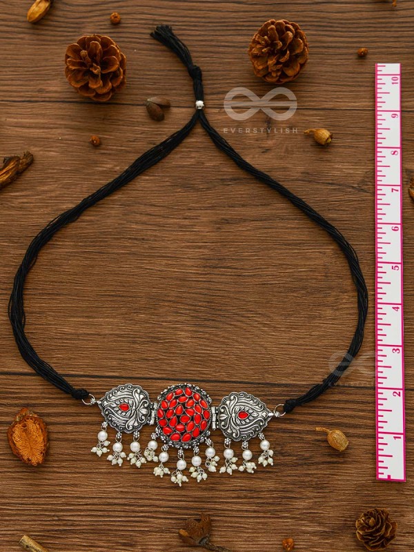 The Intricate Epitome - Embellished Oxidised Set of Choker and Earrings (Carmine Red)