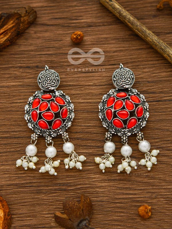 The Intricate Epitome - Embellished Oxidised Set of Choker and Earrings (Carmine Red)