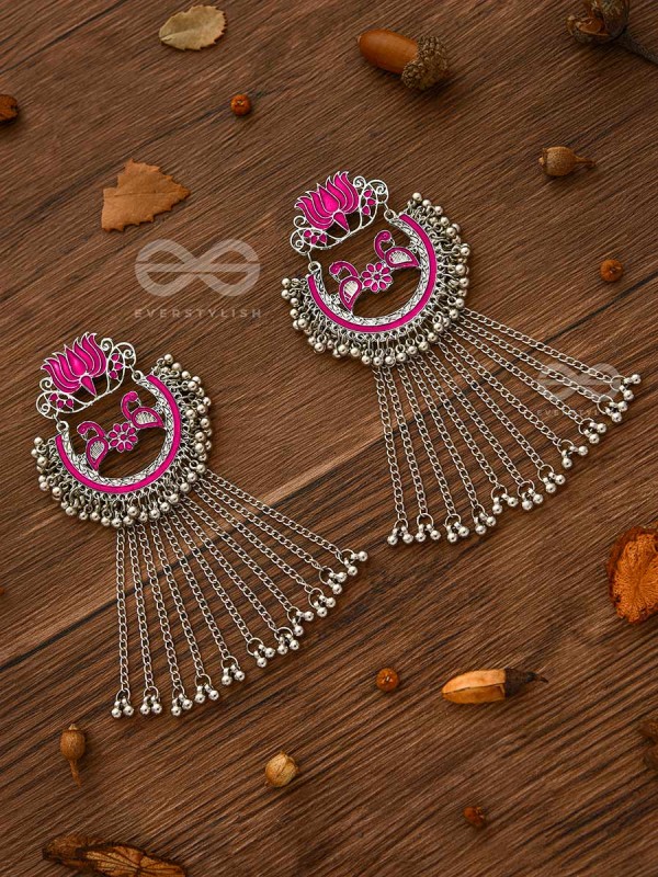 The Dangling Blooming Lotus - Statement Meenakari Earrings (Pink)