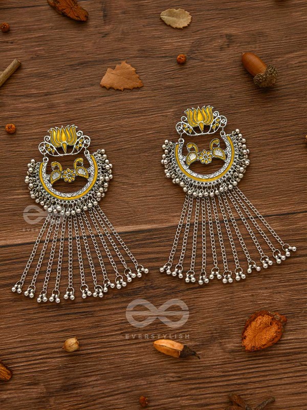 The Dangling Blooming Lotus - Statement Meenakari Earrings (Yellow)