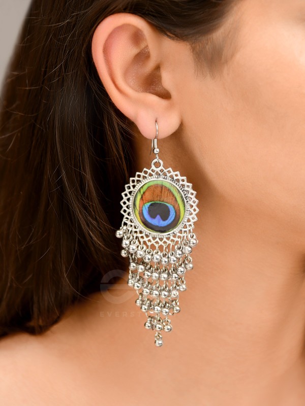 The Peacock Feather Jhallars - Oxidised Boho Earrings