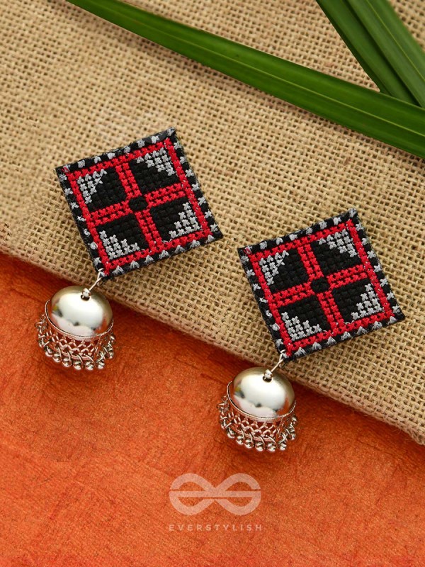 The Aztec Kite Jhumkas - Statement Embroidered Earrings (Red - Black)