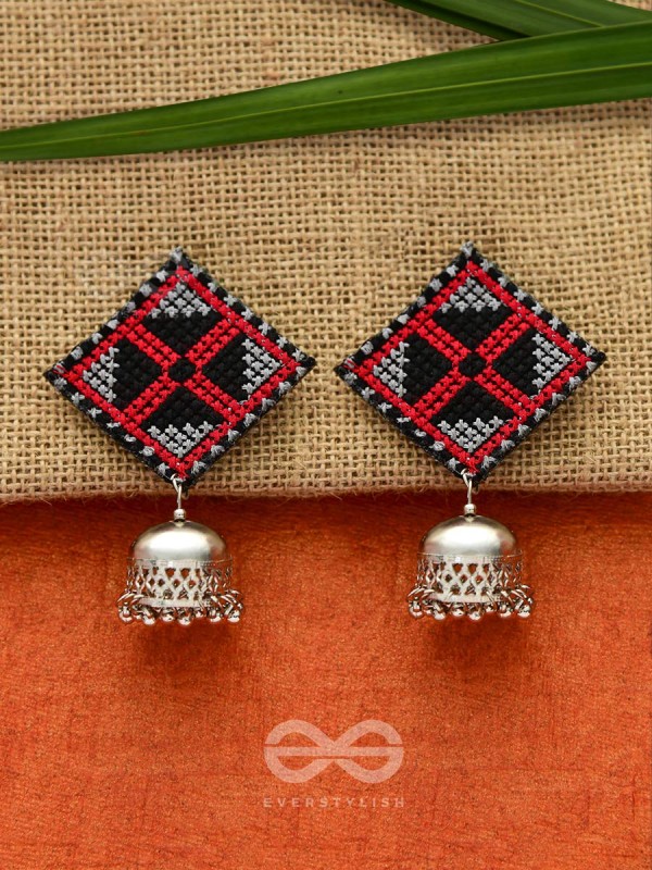 The Aztec Kite Jhumkas - Statement Embroidered Earrings (Red - Black)