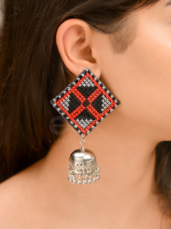 The Aztec Kite Jhumkas - Statement Embroidered Earrings (Red - Black)