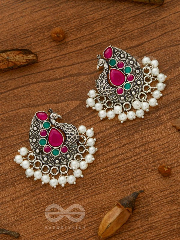 The Perky Peacock- Oxidised Enamelled Earrings