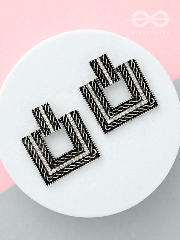 Geometric Grace - Rhinestone Encrusted Silver Earrings