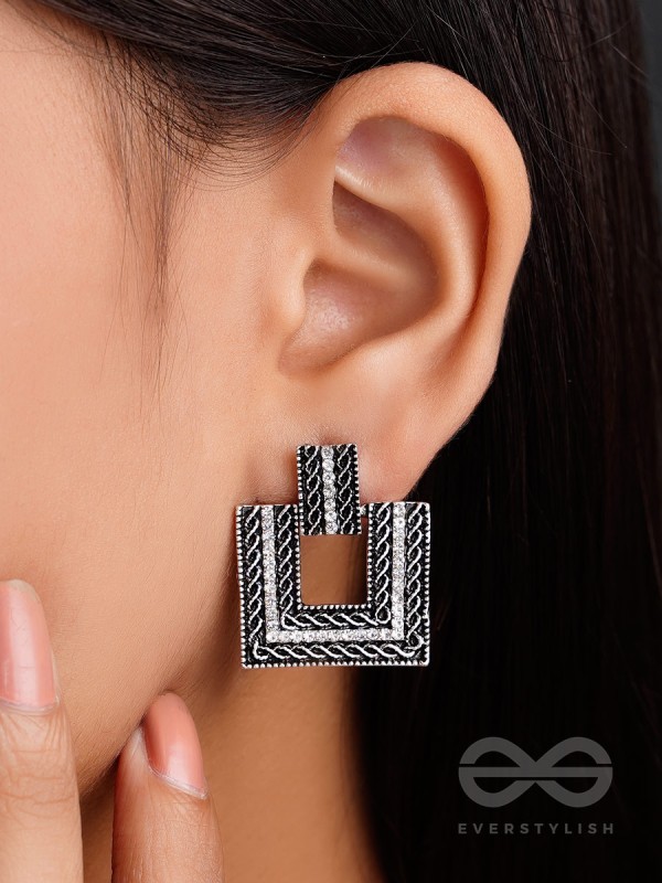 Geometric Grace - Rhinestone Encrusted Silver Earrings