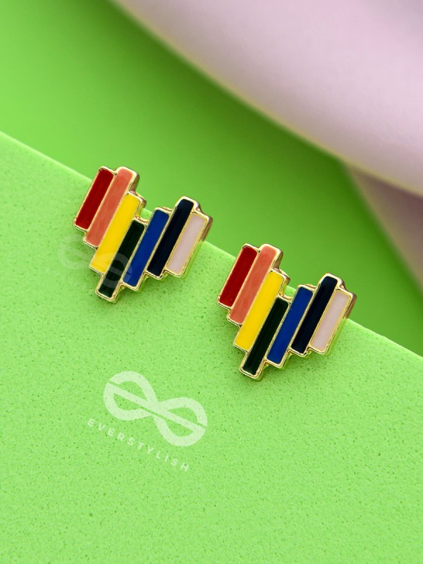 Mottled Hearts- Multicolored Enamelled Golden Earrings