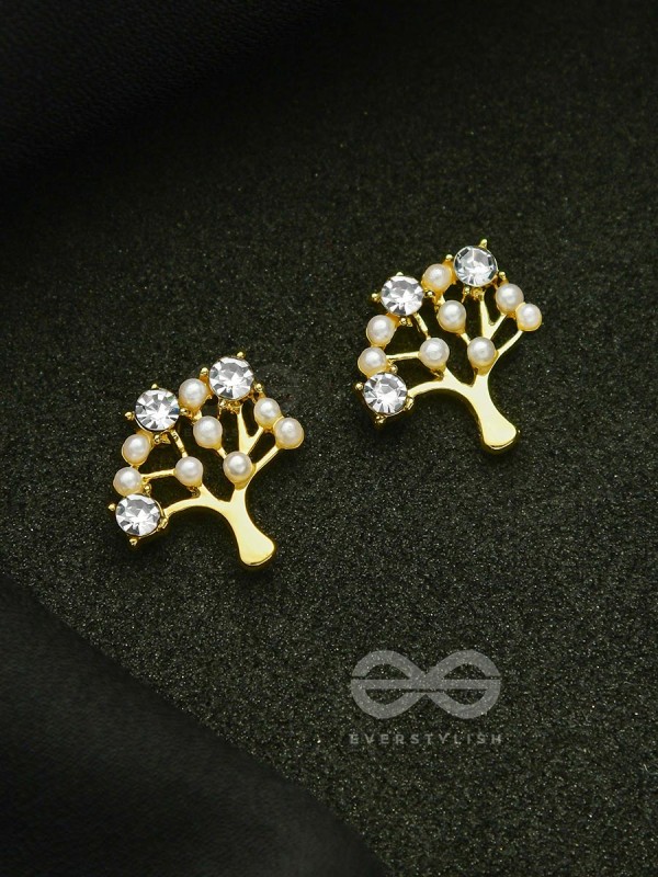 Majestic Bonsai- Pearls and Stones Studded Golden Earrings